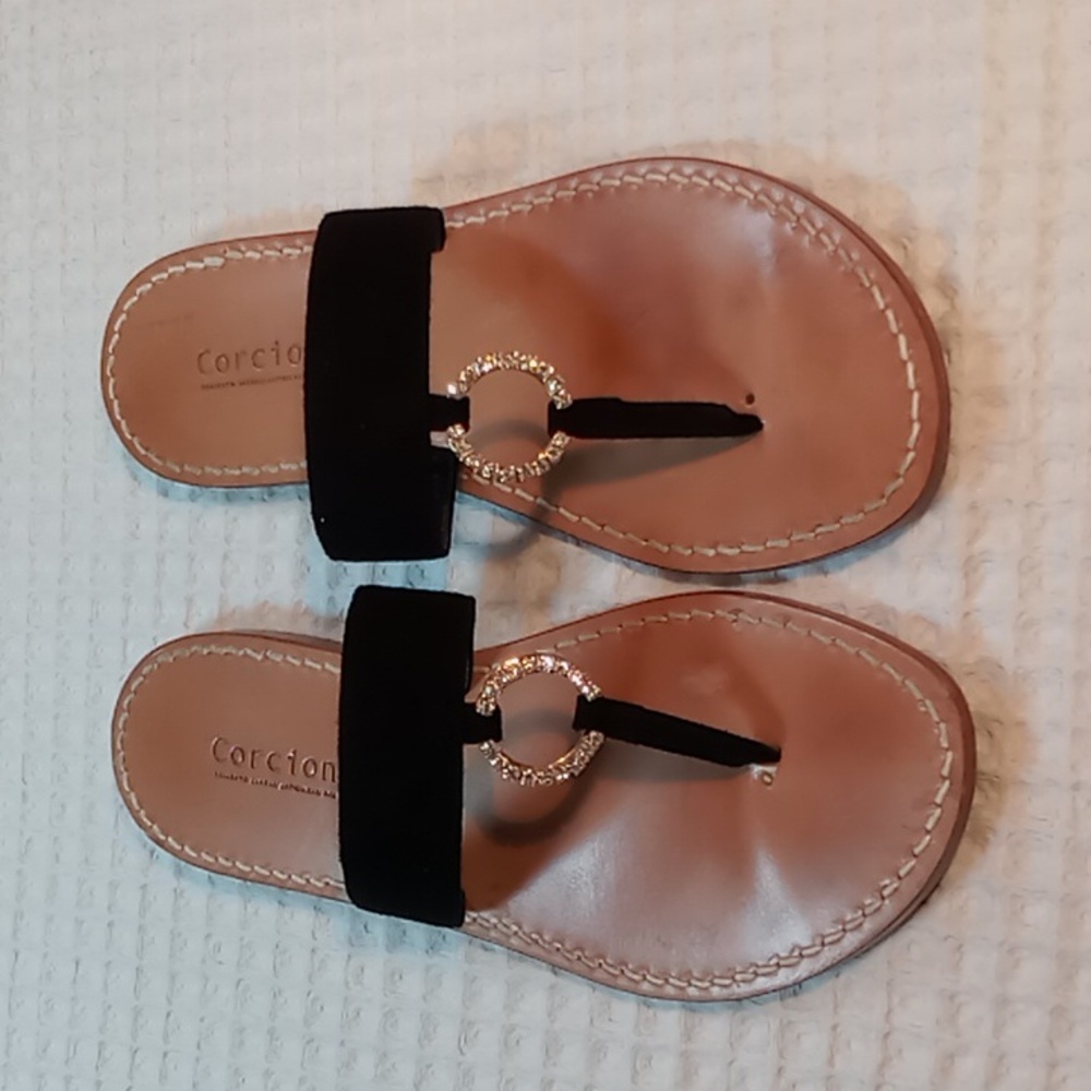 Corcione Black Suede Thong Sandal With Circular Rhinestone Detail Size 40